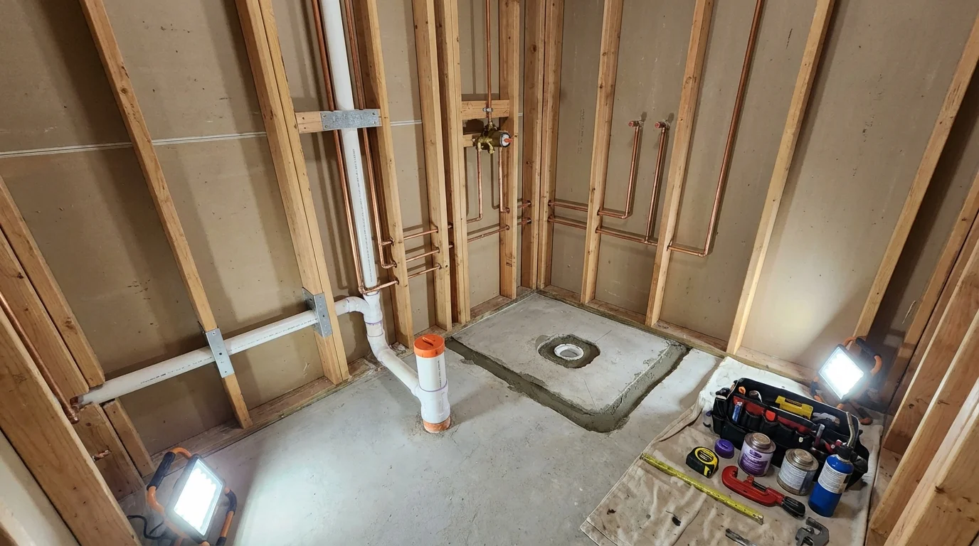 Bathroom rough-in plumbing during remodel by Johns Plumbing LLC in Pinedale