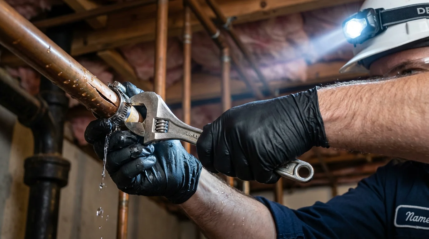 Emergency pipe clamp repair being performed by a Johns Plumbing LLC plumber in Pinedale