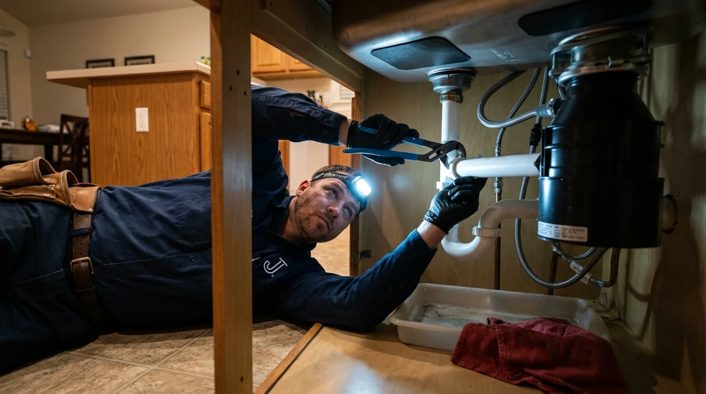 P-trap and supply line connections under a kitchen sink showing a common leak point in Pinedale, WY